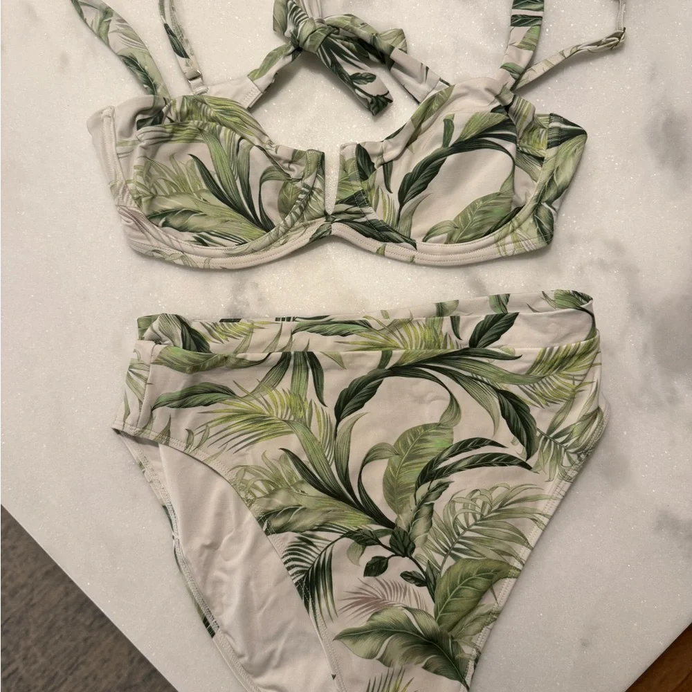 Monday Swimwear Green Leaf Print Bikini Top and High Waist Bottoms